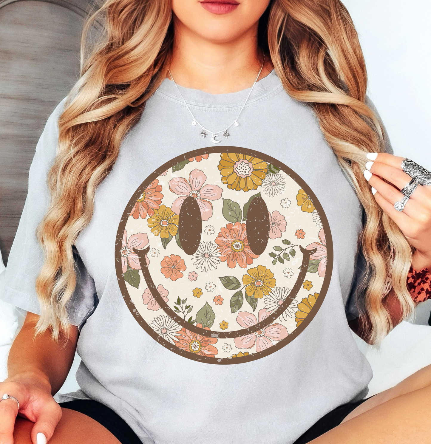 Distressed Floral Smiley Tee | Spring Fling Collection | Unisex Pre-Shrunk T-Shirt