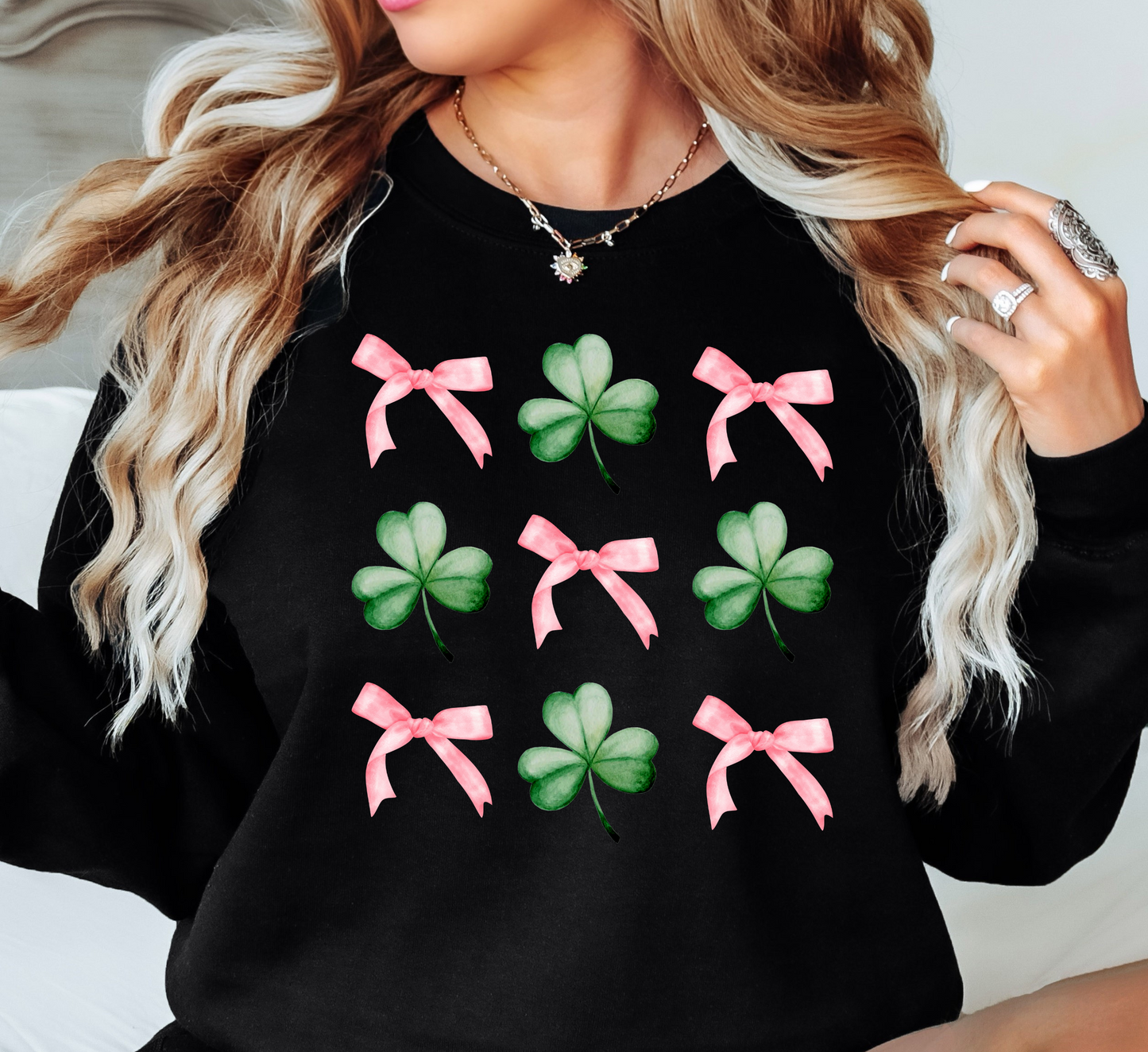 Coquette Bow and Clovers Sweatshirt | Feeling Lucky Collection | Unique Gifts for Family Friends