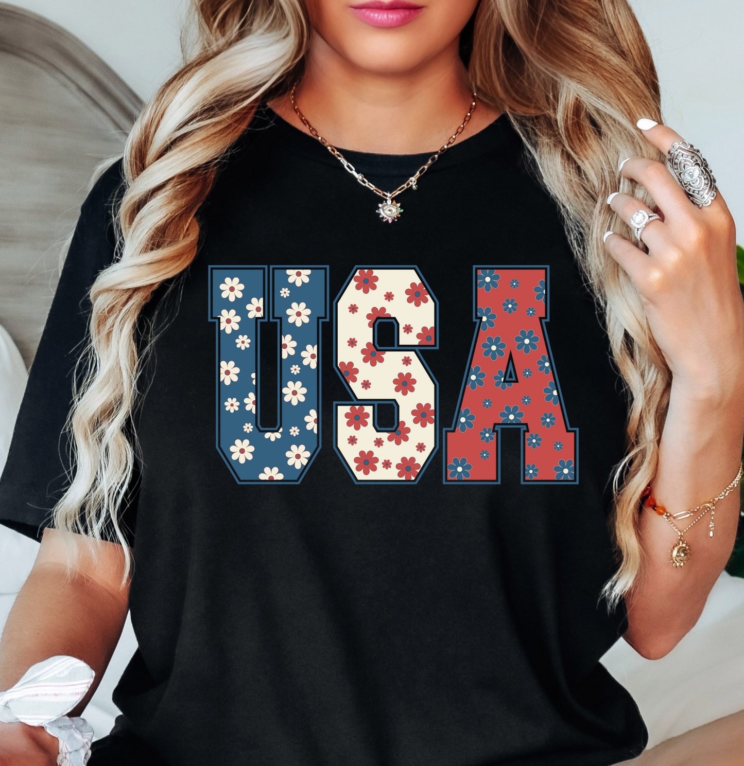 Floral USA Tee | Stars and Stripes Collection | Unisex Pre-Shrunk T-Shirt