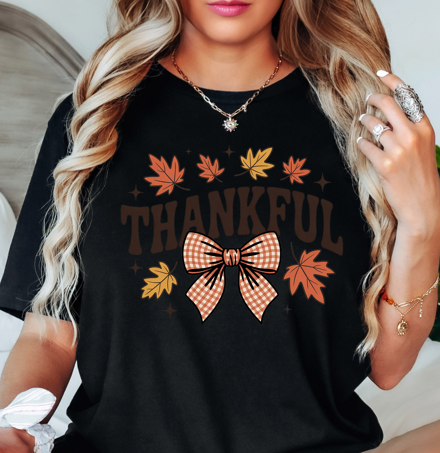 Thankful Leaves With Bow Tee | Harvest Joy Collection | Unisex Pre-Shrunk T-Shirt