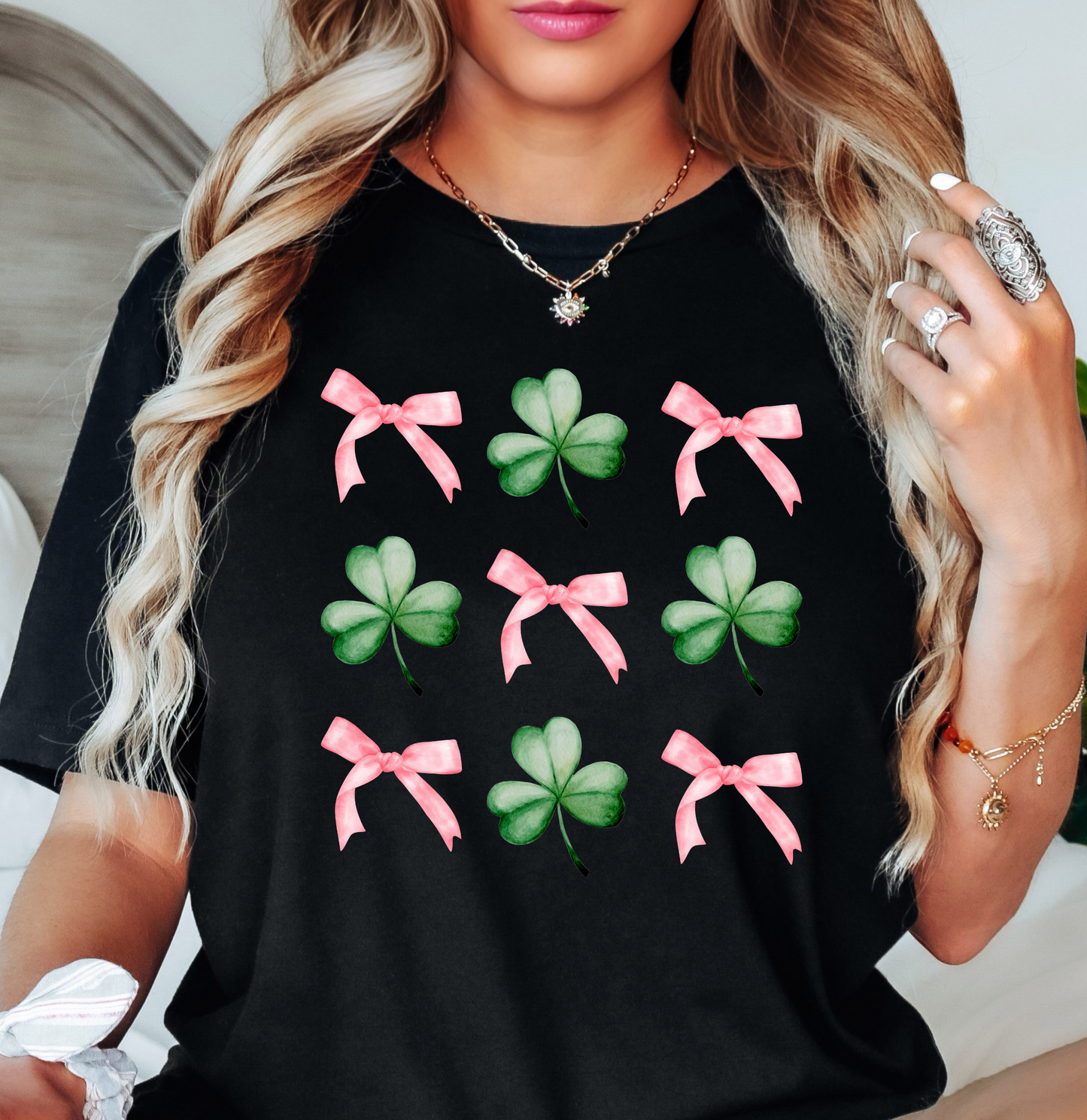 Coquette Bow and Clovers Tee | Feeling Lucky Collection | Unisex Pre-Shrunk T-Shirt