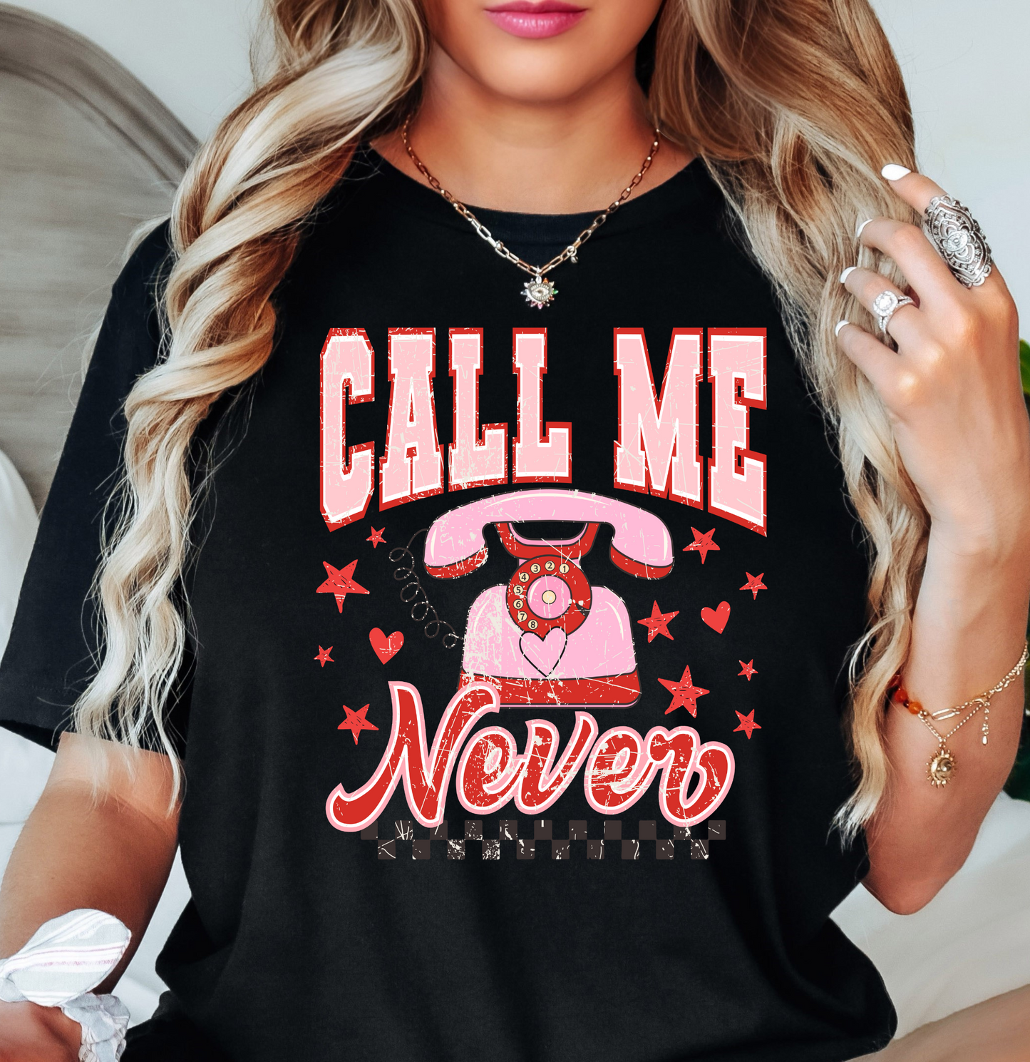 Distressed Call Me Never Tee | XoXo Love Collection | Unisex Pre-Shrunk T-Shirt