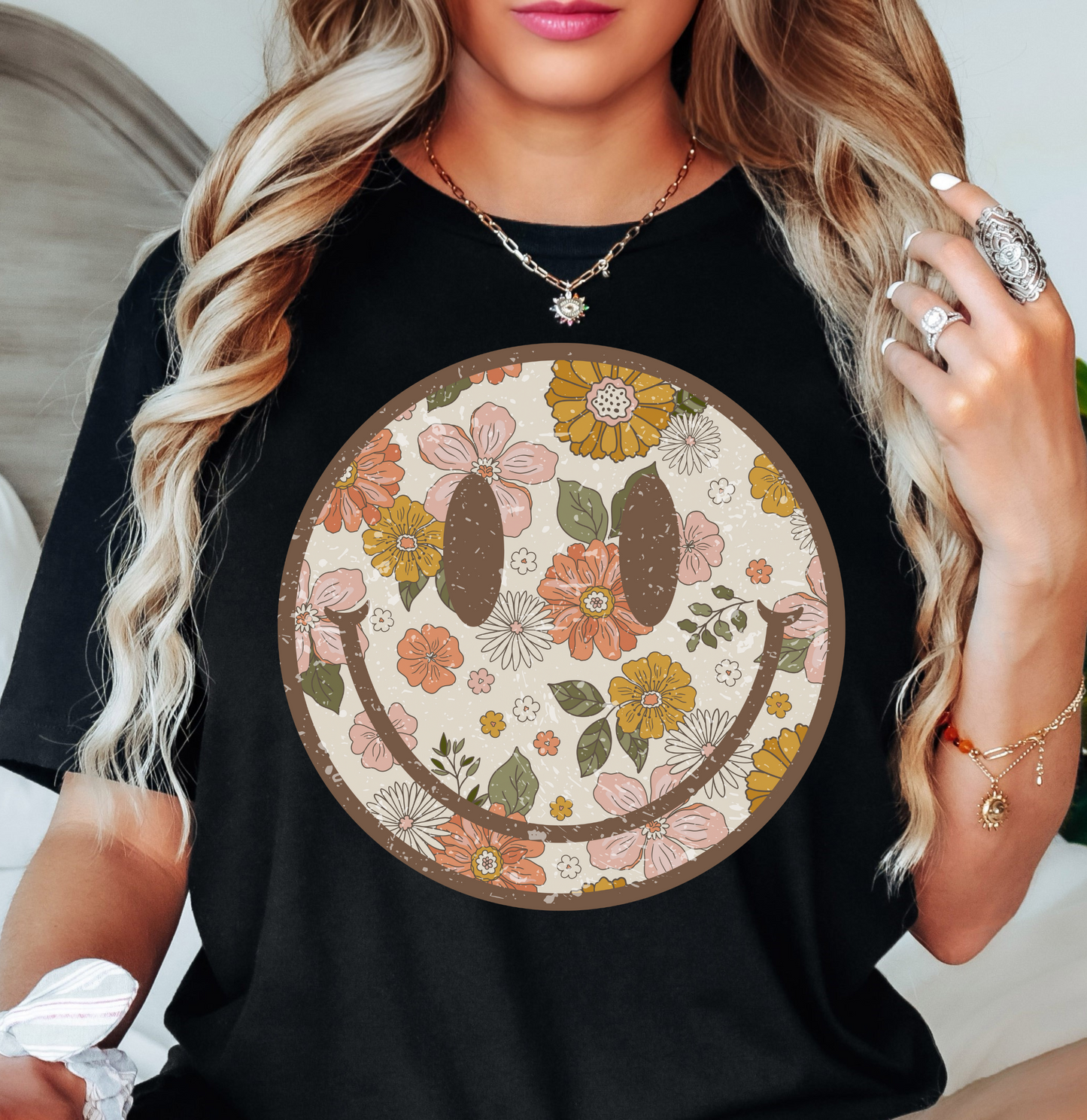 Distressed Floral Smiley Tee | Spring Fling Collection | Unisex Pre-Shrunk T-Shirt