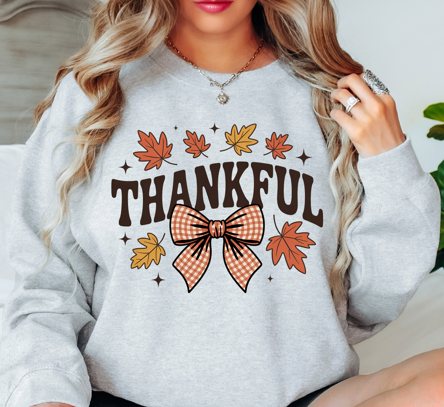 Thankful Leaves With Bow Sweatshirt | Harvest Joy Collection | Unique Gifts for Family Friends