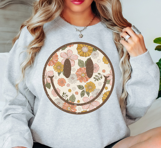 Distressed Floral Smiley Sweatshirt | Spring Fling Collection | Unique Gifts for Family Friends