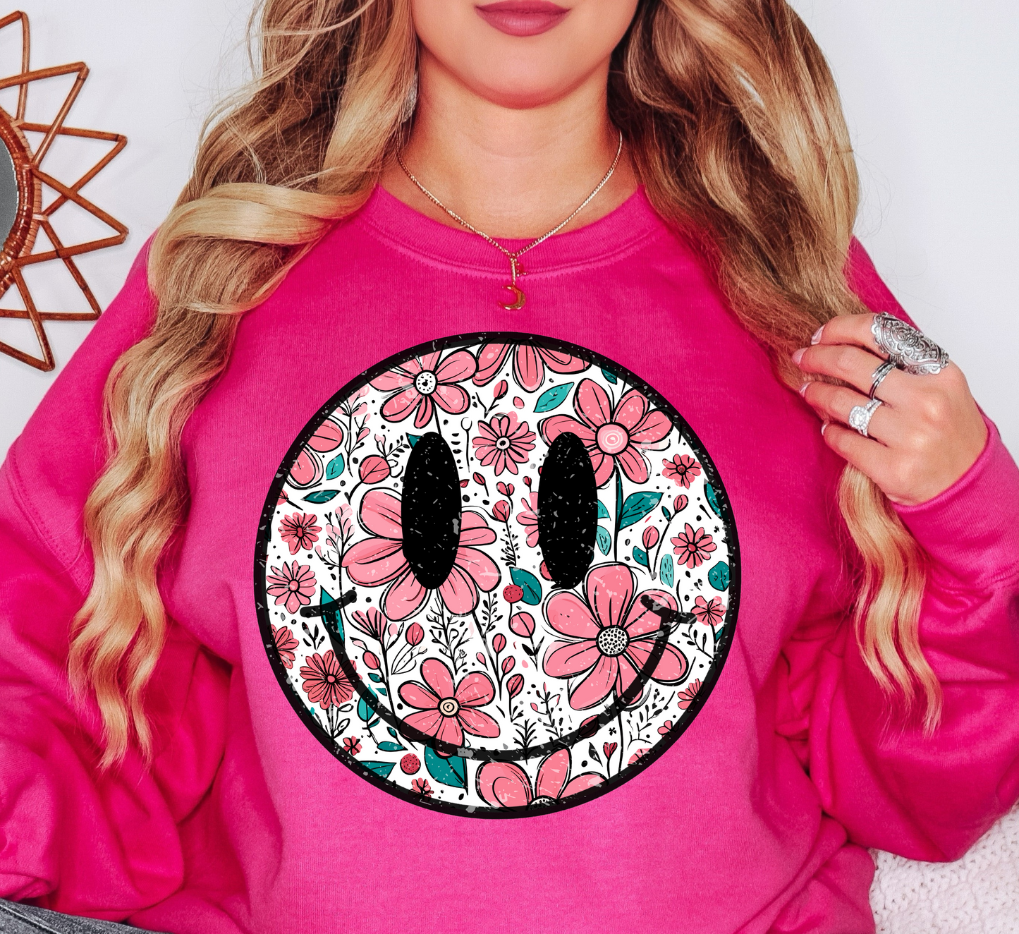 Floral Spring Smiley Face Sweatshirt | Spring Fling Collection | Unique Gifts for Family Friends