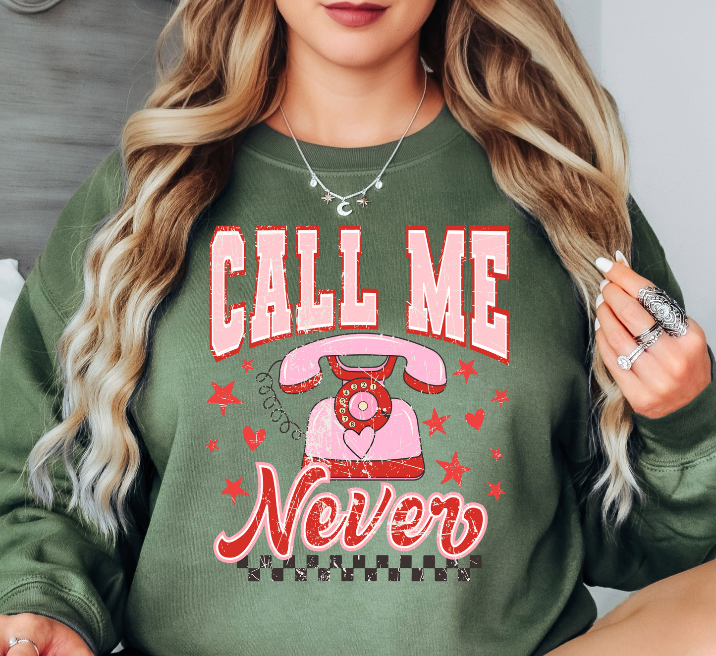 Distressed Call Me Never Sweatshirt | XoXo Love Collection | Unique Gifts for Family Friends