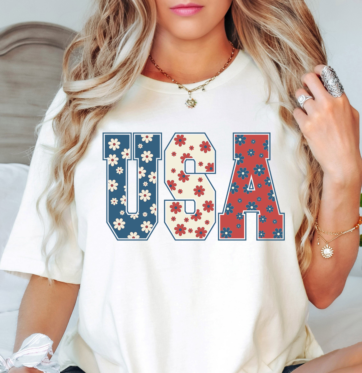 Floral USA Tee | Stars and Stripes Collection | Unisex Pre-Shrunk T-Shirt