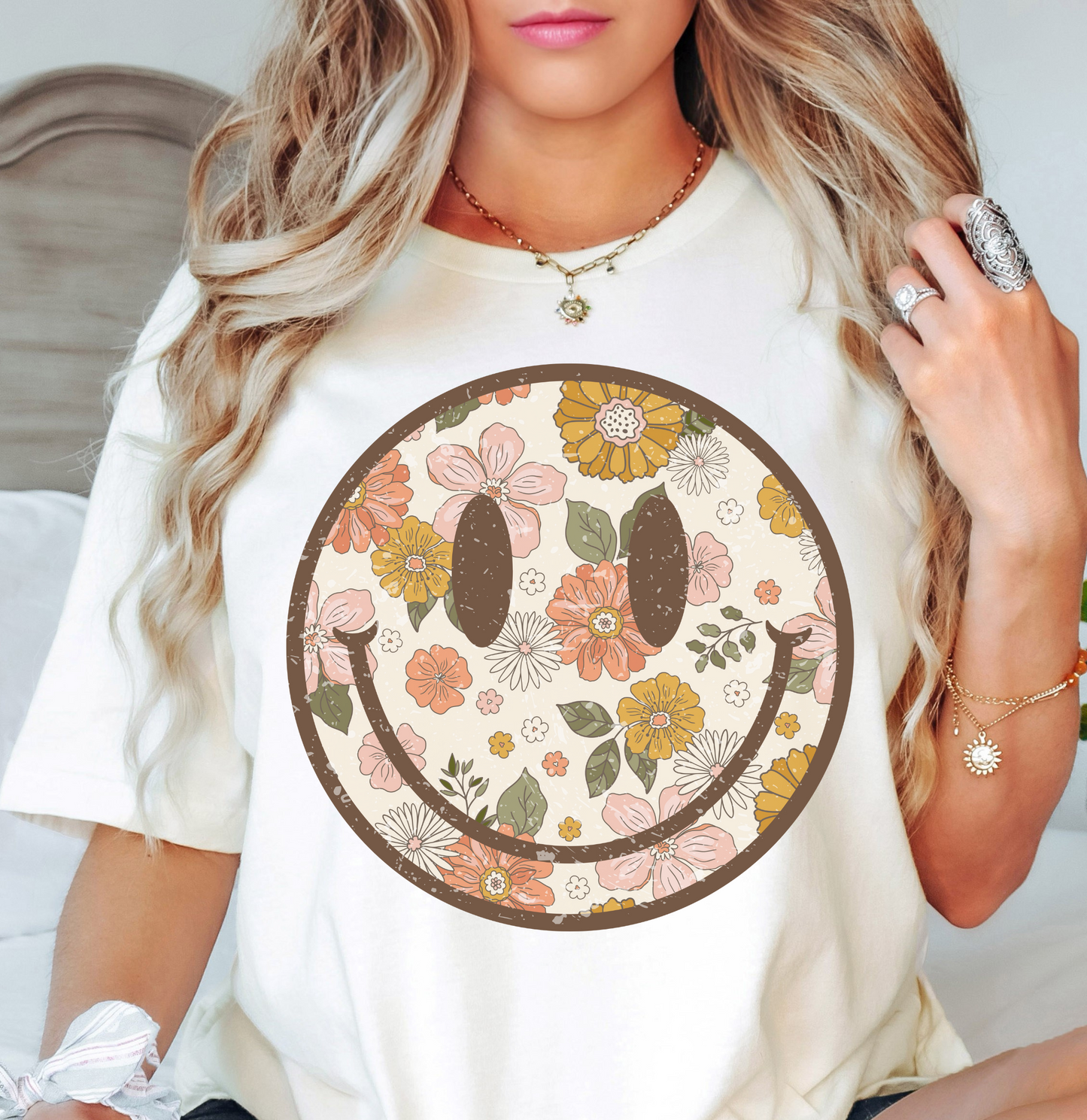Distressed Floral Smiley Tee | Spring Fling Collection | Unisex Pre-Shrunk T-Shirt
