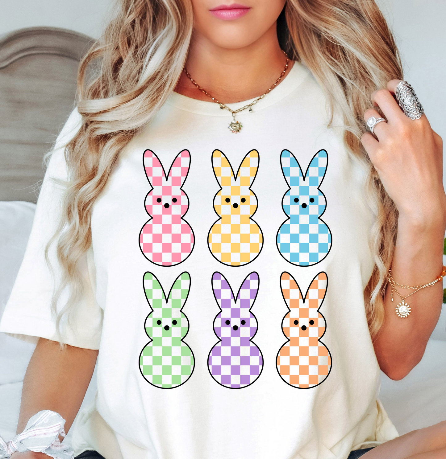 Checkered Pastel Bunnies Tee | Hoppin' Into Spring Collection | Unisex Pre-Shrunk T-Shirt