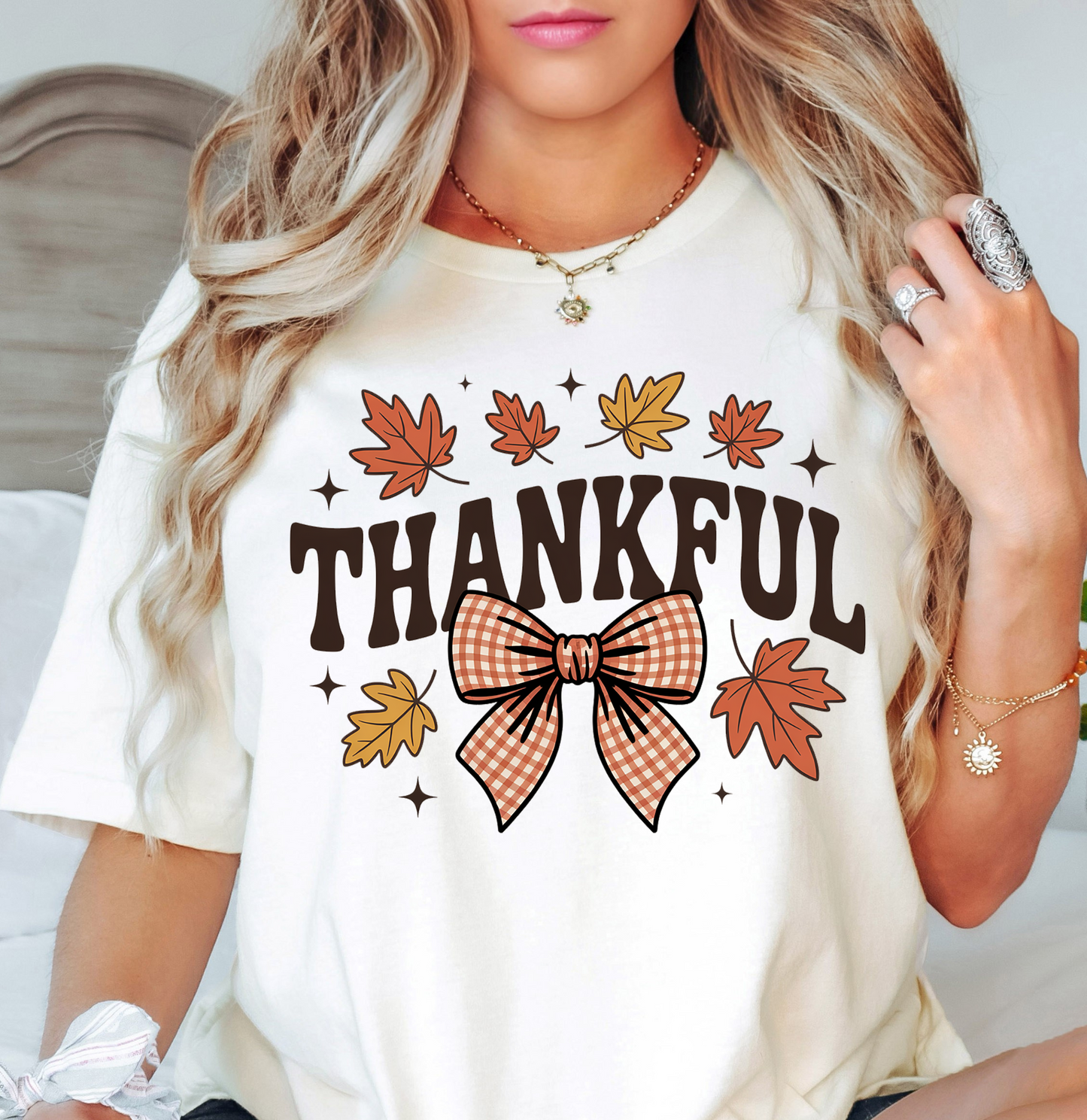 Thankful Leaves With Bow Tee | Harvest Joy Collection | Unisex Pre-Shrunk T-Shirt