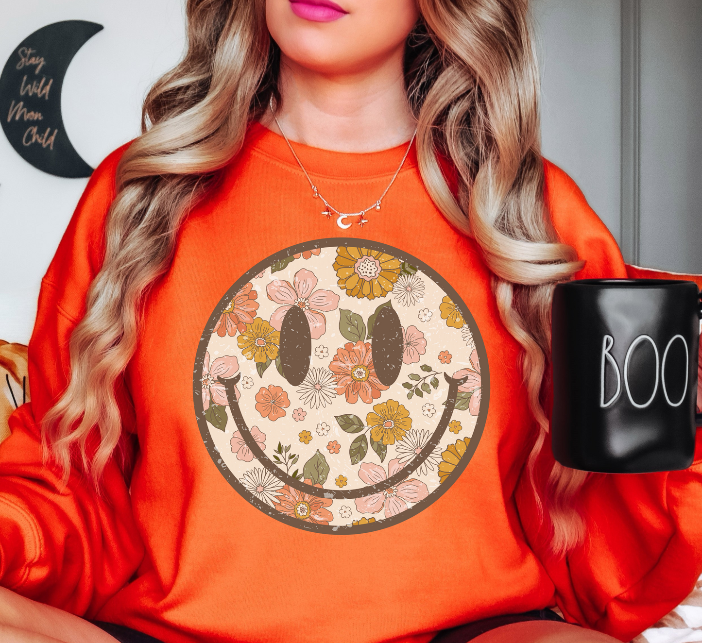 Distressed Floral Smiley Sweatshirt | Spring Fling Collection | Unique Gifts for Family Friends