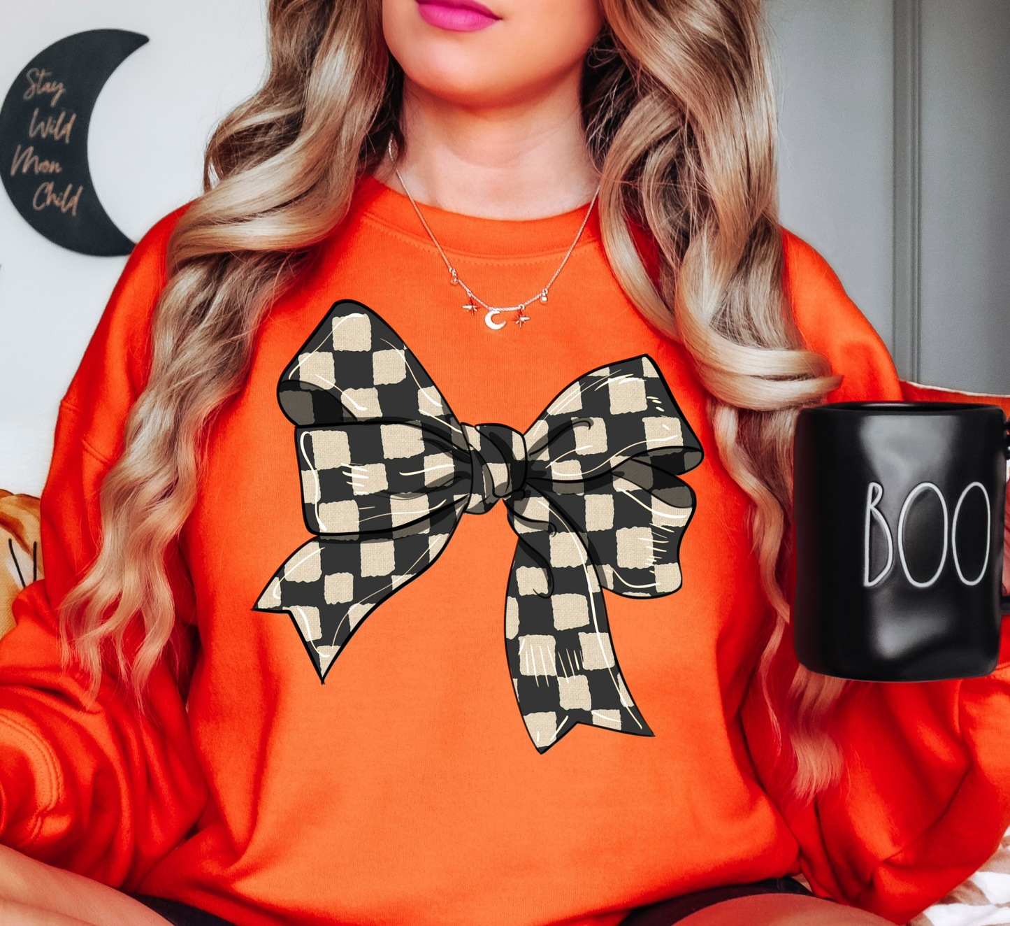 Checkered Bow Sweatshirt | Groovy Vibes Collection | Unique Gifts for Family and Friends