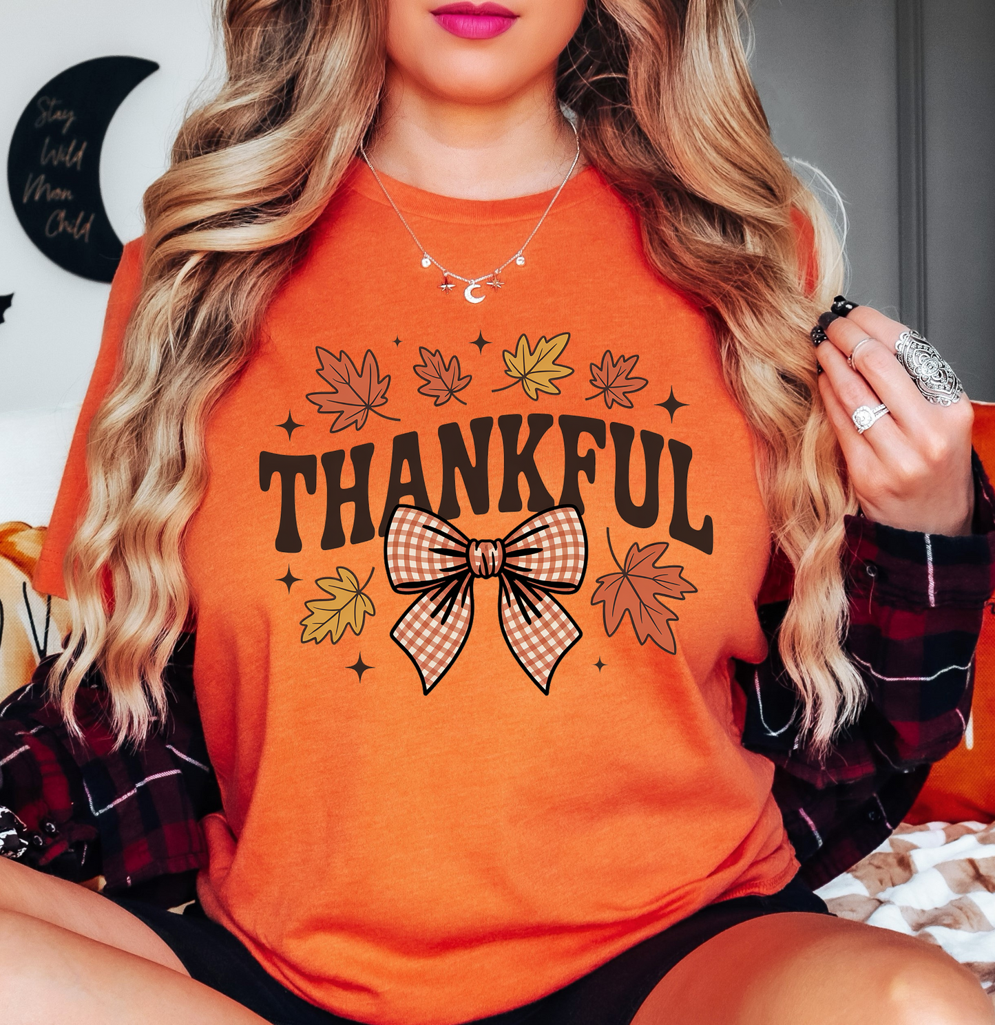 Thankful Leaves With Bow Tee | Harvest Joy Collection | Unisex Pre-Shrunk T-Shirt