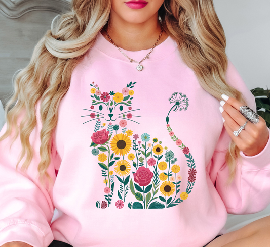 Floral Cat Outline Sweatshirt | Pawsitive Vibes Collection | Unique Gifts for Family and Friends