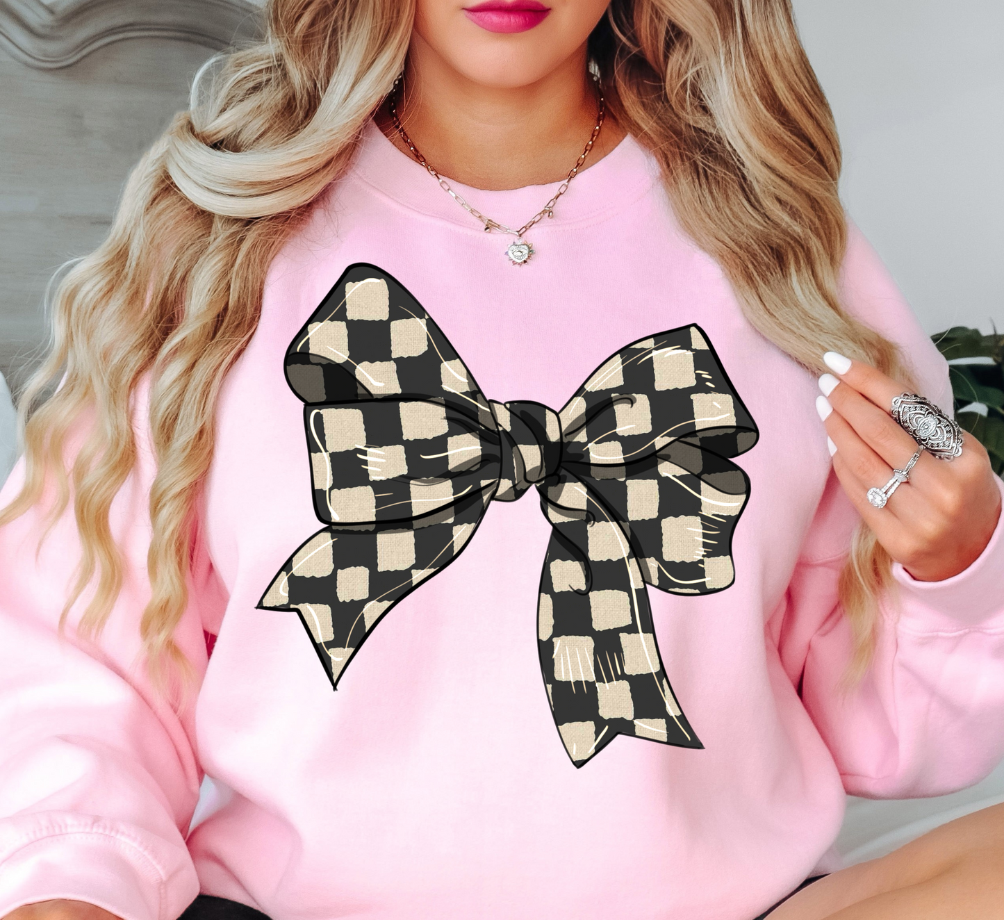 Checkered Bow Sweatshirt | Groovy Vibes Collection | Unique Gifts for Family and Friends
