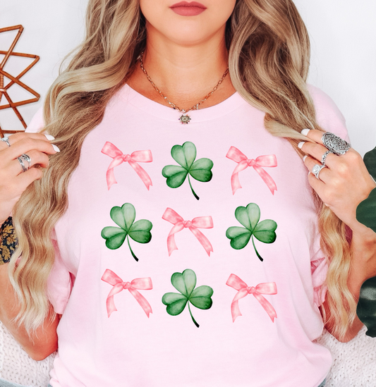 Coquette Bow and Clovers Tee | Feeling Lucky Collection | Unisex Pre-Shrunk T-Shirt