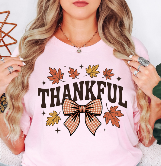 Thankful Leaves With Bow Tee | Harvest Joy Collection | Unisex Pre-Shrunk T-Shirt