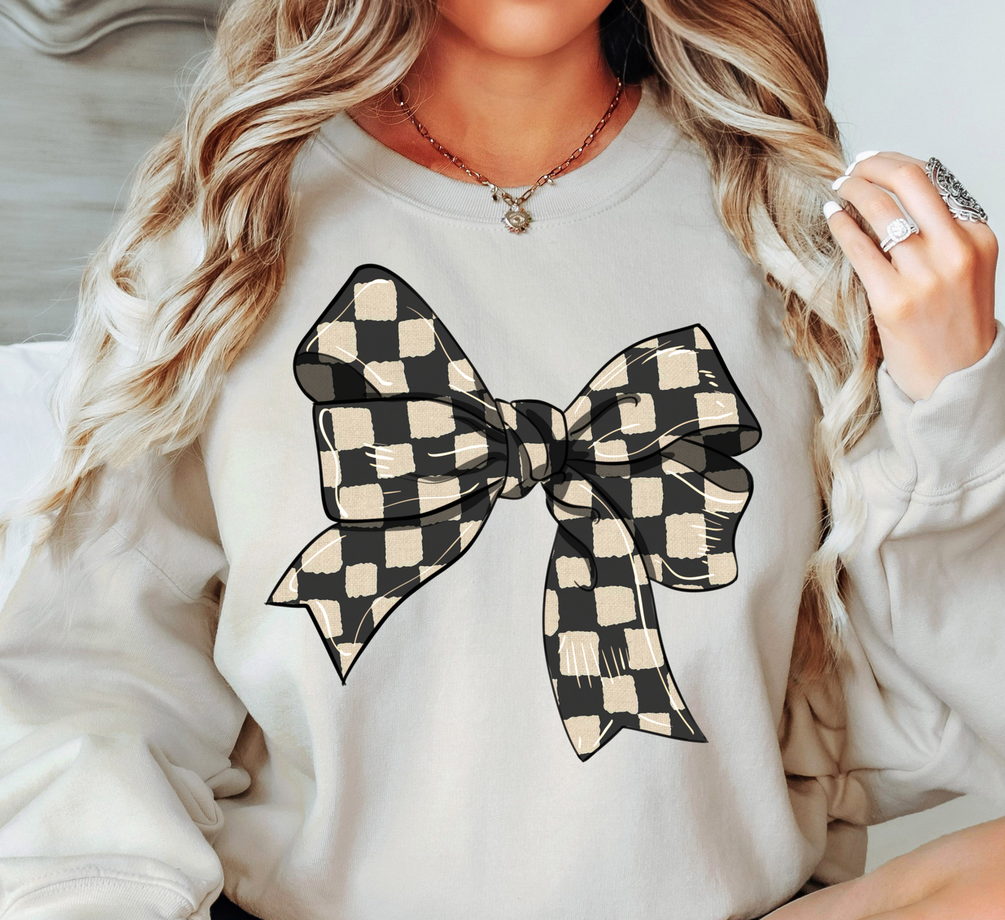 Checkered Bow Sweatshirt | Groovy Vibes Collection | Unique Gifts for Family and Friends