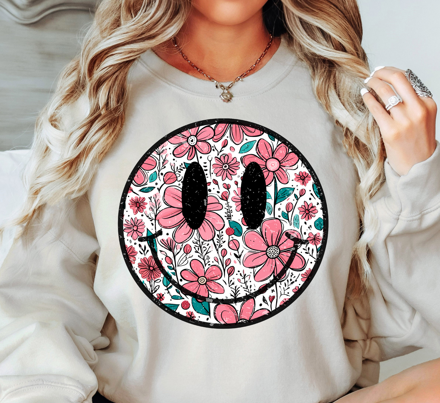 Floral Spring Smiley Face Sweatshirt | Spring Fling Collection | Unique Gifts for Family Friends