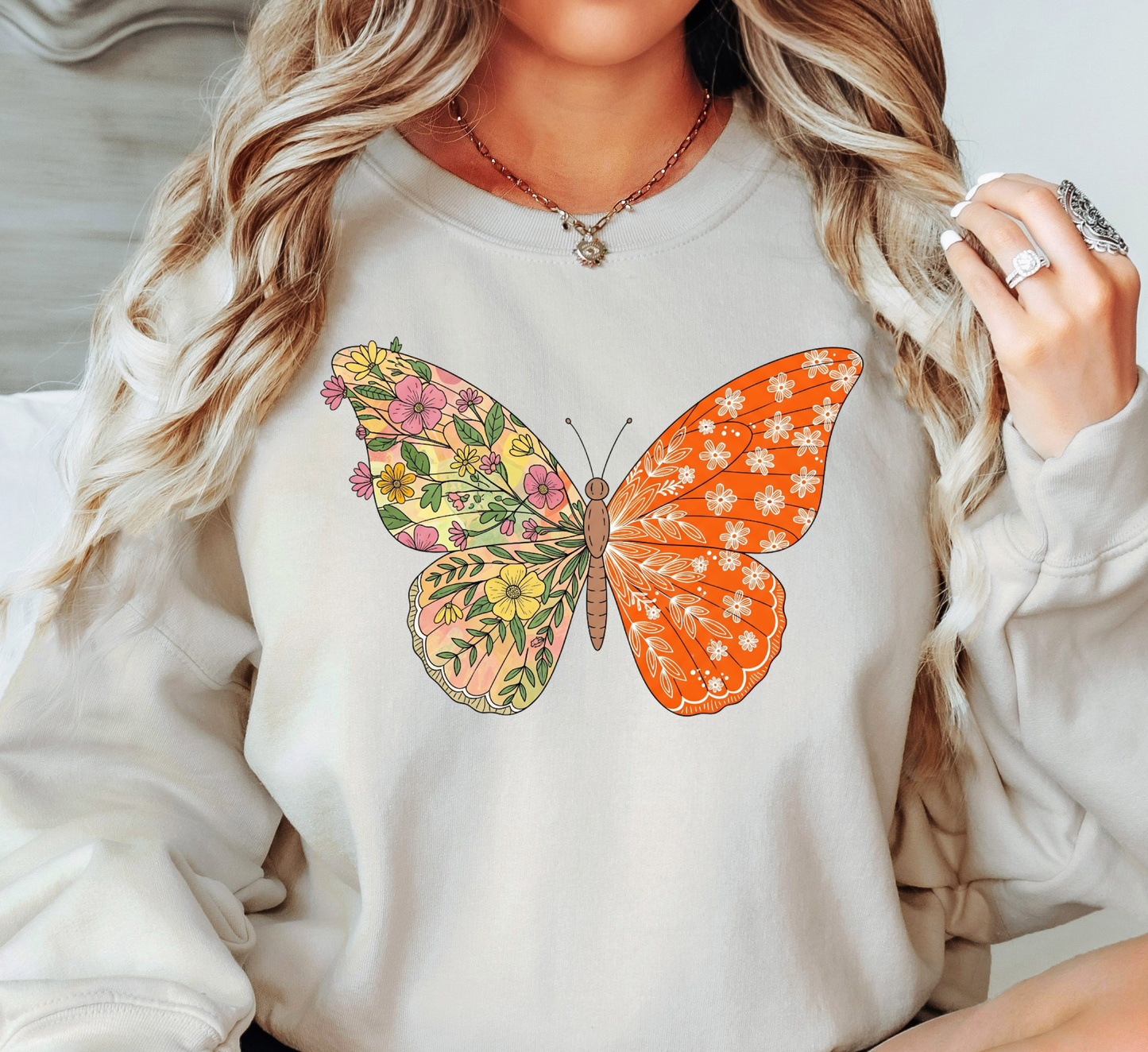 Two Tone Floral Butterfly Sweatshirt | Spring Fling Collection | Unique Gifts for Family Friends