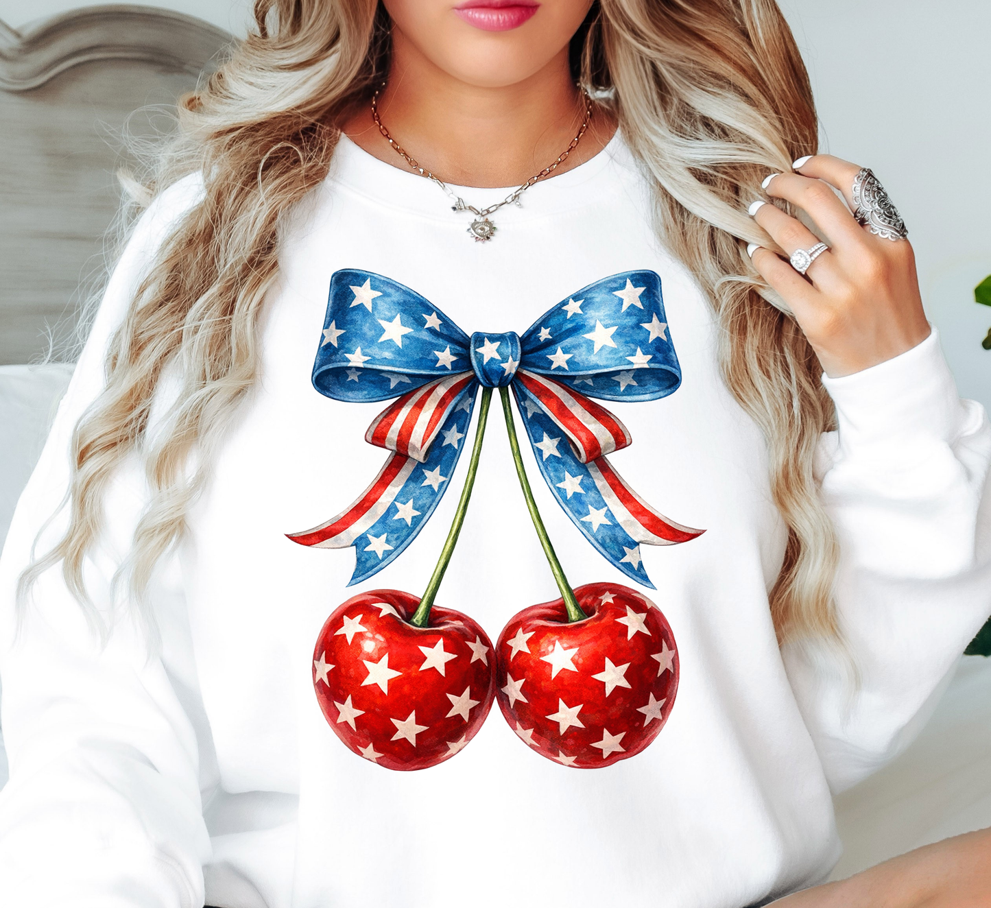 Cherry Cute Bow Sweatshirt | Stars and Stripes Collection | Unique Gifts for Family and Friends