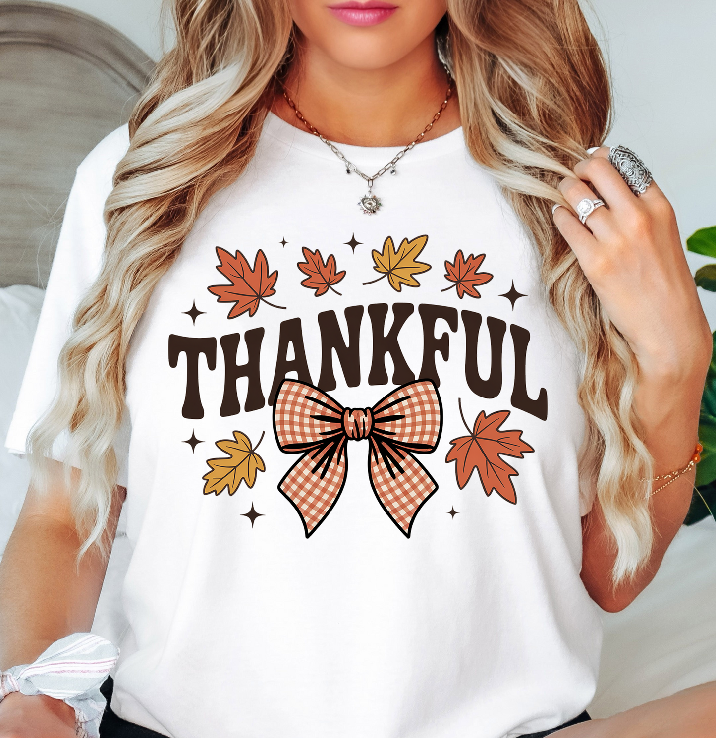 Thankful Leaves With Bow Tee | Harvest Joy Collection | Unisex Pre-Shrunk T-Shirt