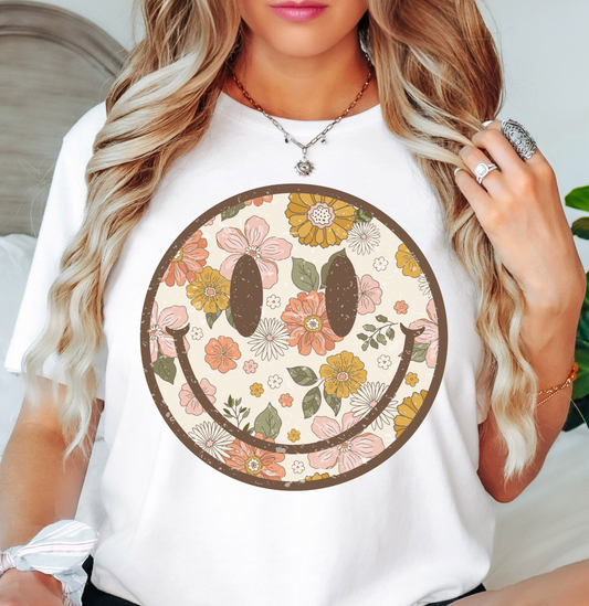 Distressed Floral Smiley Tee | Spring Fling Collection | Unisex Pre-Shrunk T-Shirt