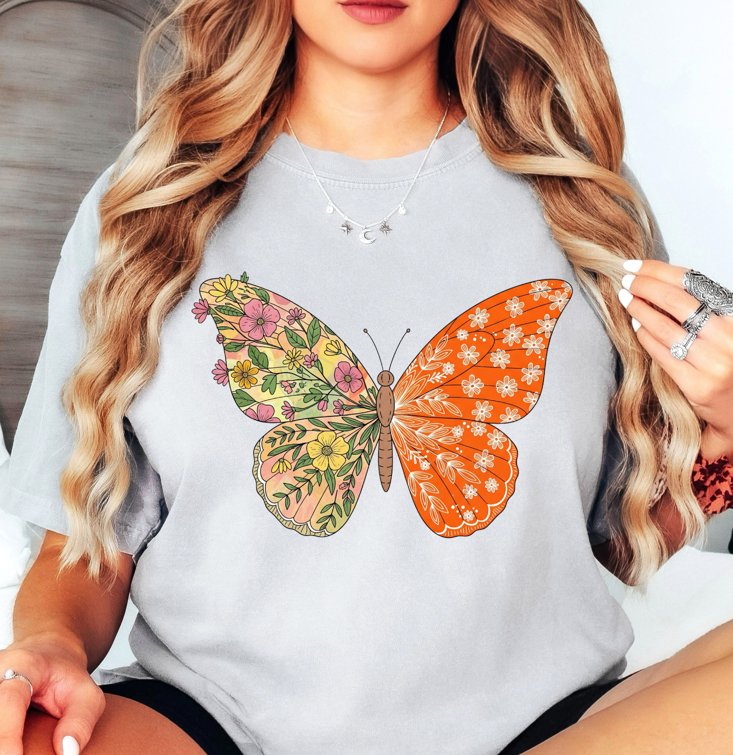 Two Tone Floral Butterfly Tee | Spring Fling Collection | Unisex Pre-Shrunk T-Shirt