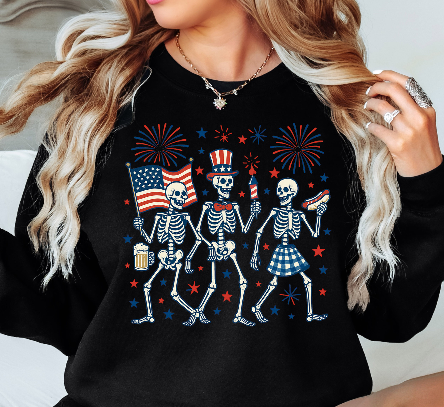 Patriotic Skeletons Sweatshirt | Stars and Stripes Collection | Unique Gifts for Family and Friends