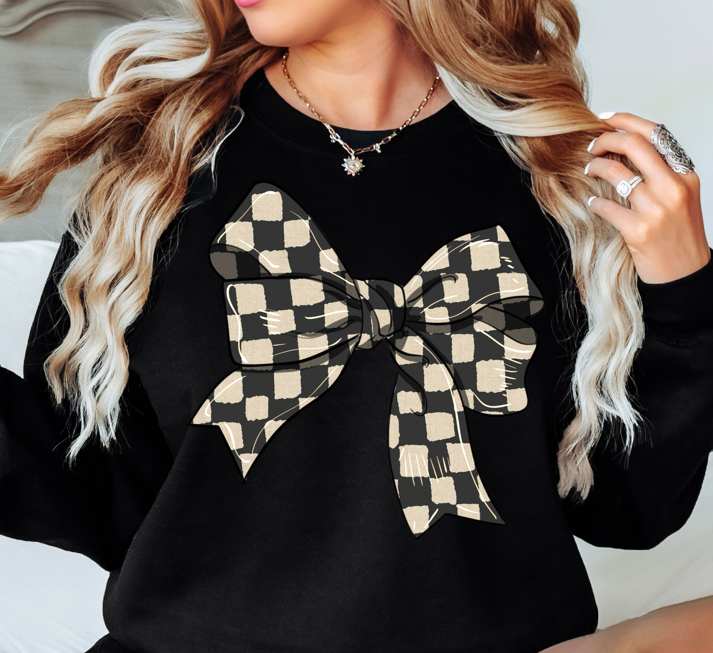 Checkered Bow Sweatshirt | Groovy Vibes Collection | Unique Gifts for Family and Friends