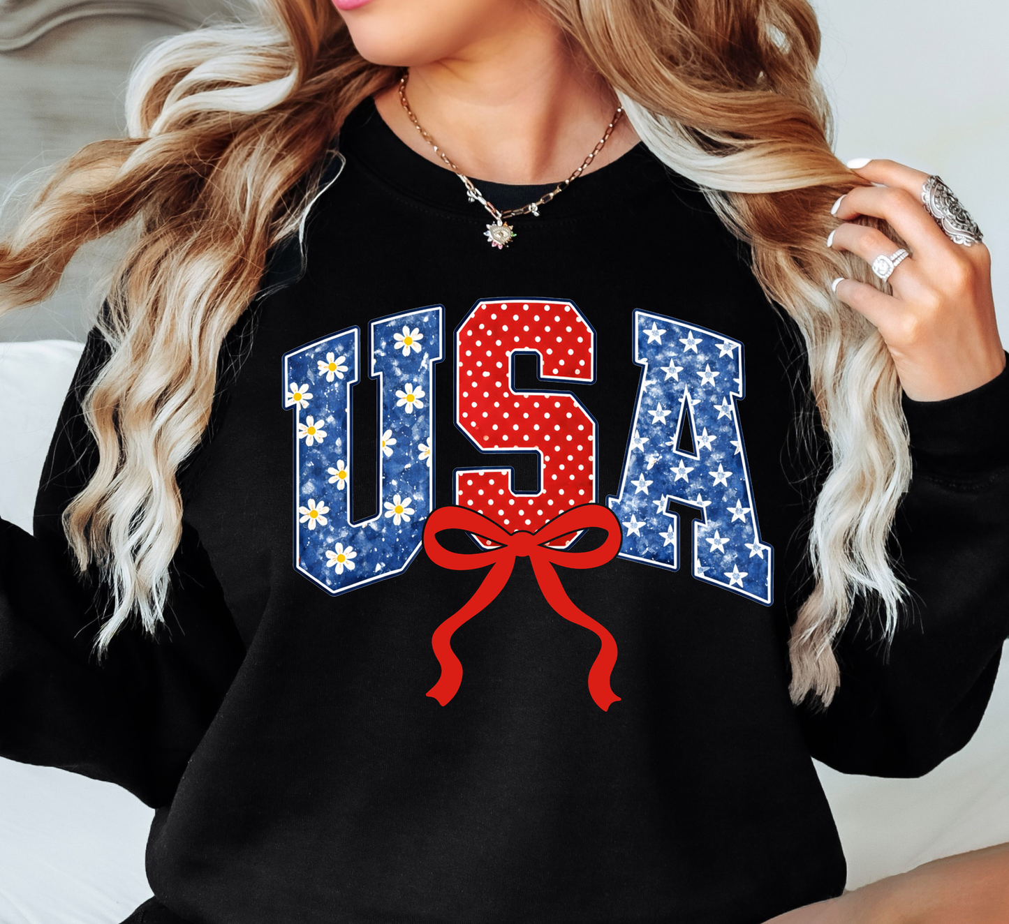 Preppy USA Floral Bow Sweatshirt | Stars and Stripes Collection | Unique Gifts for Family and Friends