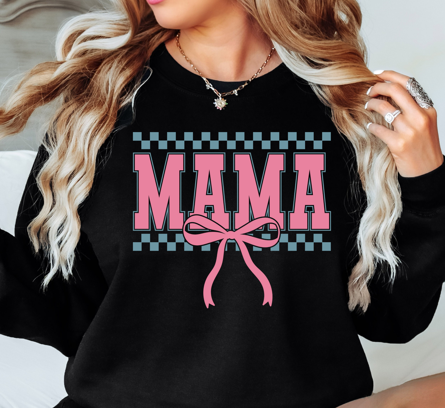 Checkered Mama Bow Sweatshirt | Mama Mode Activated Collection | Unique Gifts for Family Friends