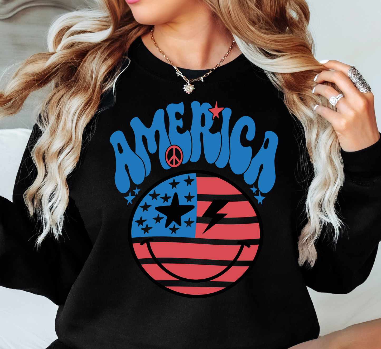 Retro America Smiley Face Sweatshirt | Stars and Stripes Collection | Unique Gifts for Family Friends