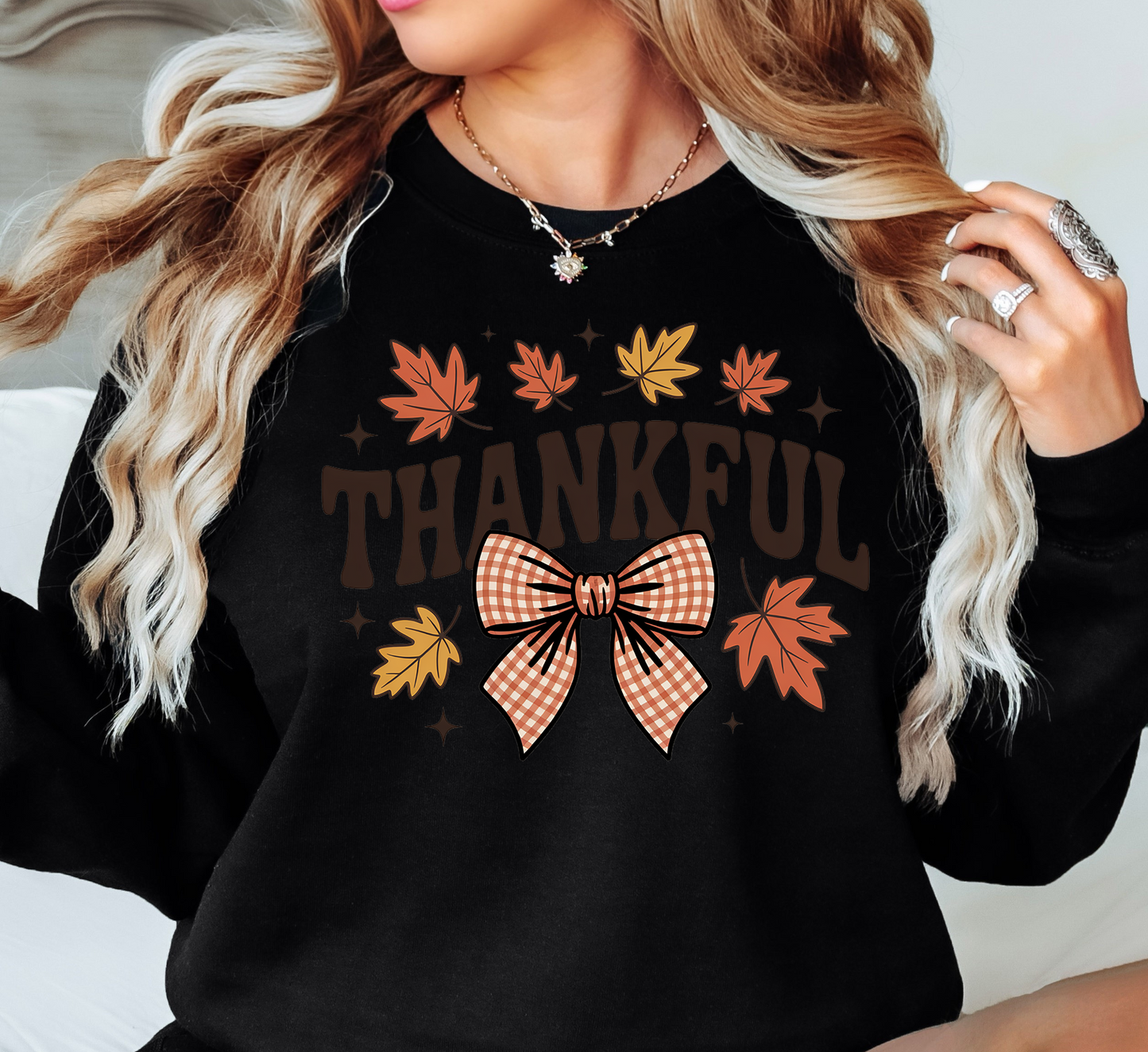 Thankful Leaves With Bow Sweatshirt | Harvest Joy Collection | Unique Gifts for Family Friends