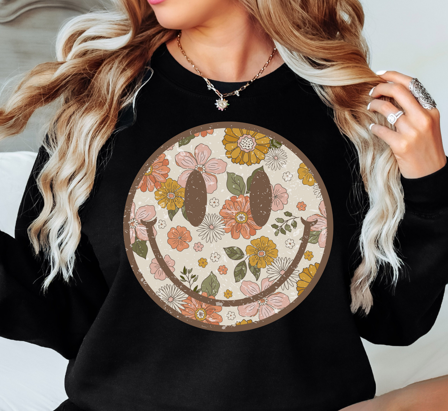 Distressed Floral Smiley Sweatshirt | Spring Fling Collection | Unique Gifts for Family Friends