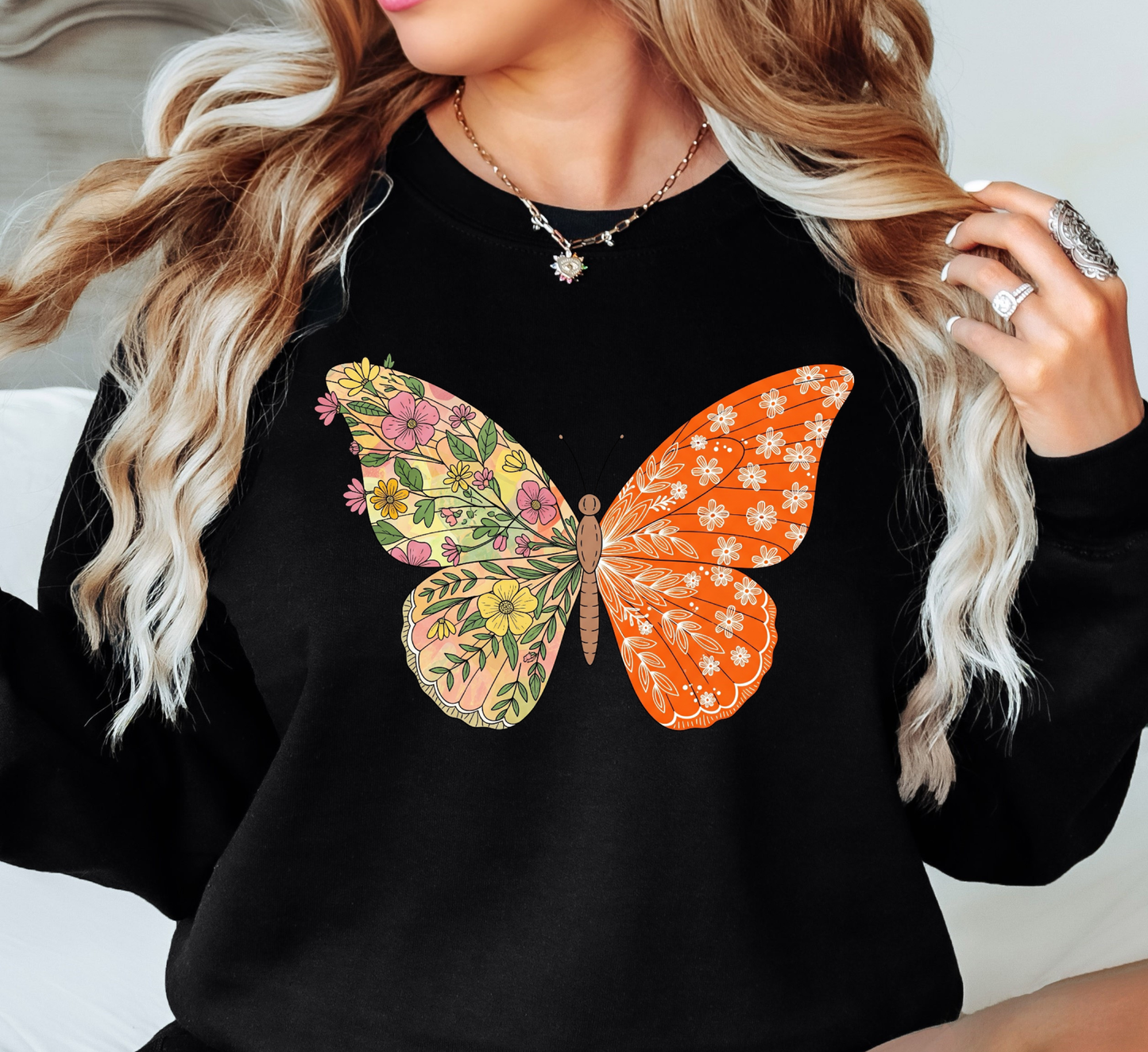 Two Tone Floral Butterfly Sweatshirt | Spring Fling Collection | Unique Gifts for Family Friends