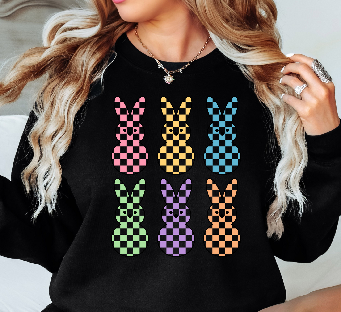 Checkered Pastel Bunnies Sweatshirt | Hoppin' Into Spring Collection | Unique Gifts for Family Friends