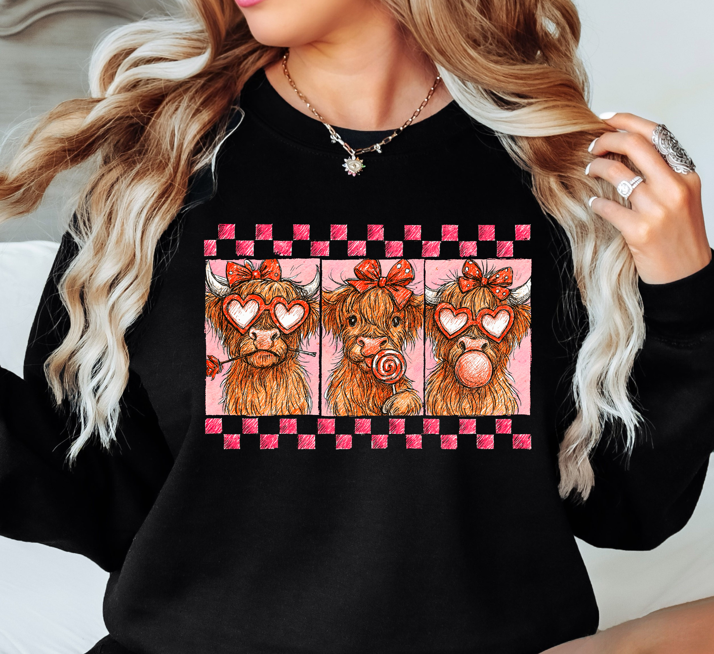 Retro Highland Cow Hearts Sweatshirt | XoXo Love Collection | Unique Gifts for Family Friends