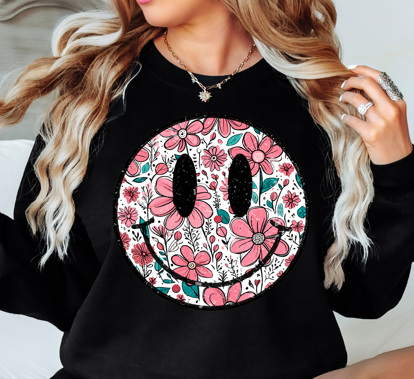 Floral Spring Smiley Face Sweatshirt | Spring Fling Collection | Unique Gifts for Family Friends