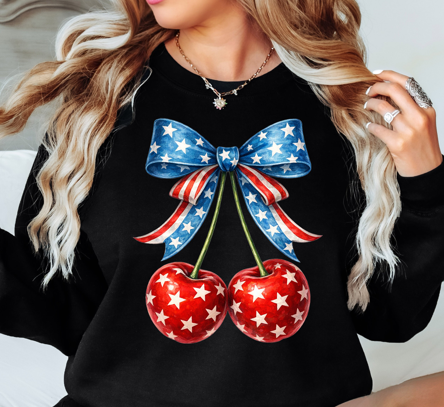 Cherry Cute Bow Sweatshirt | Stars and Stripes Collection | Unique Gifts for Family and Friends