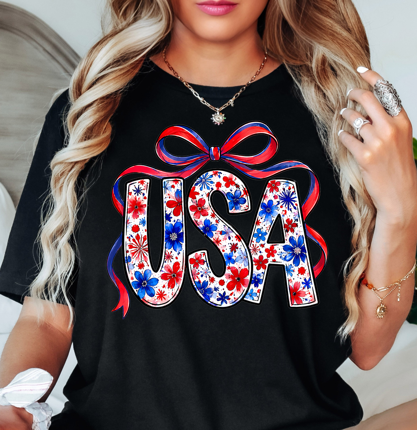 Floral Coquette USA Tee | Stars and Stripes Collection | Unisex Pre-Shrunk T-Shirt