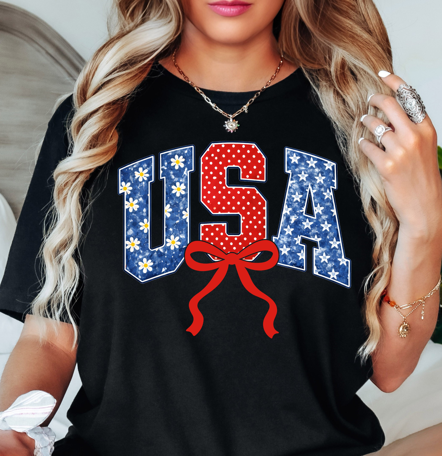 Preppy USA Floral Bow Tee | Stars and Stripes Collection | Unisex Pre-Shrunk T-Shirt