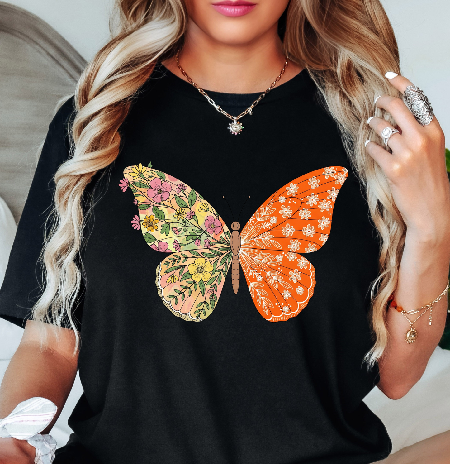 Two Tone Floral Butterfly Tee | Spring Fling Collection | Unisex Pre-Shrunk T-Shirt
