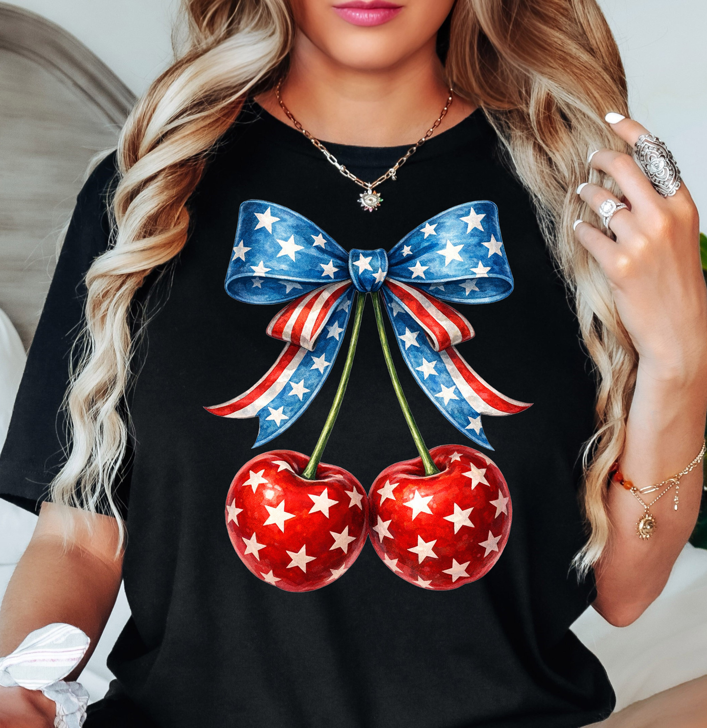 Cherry Cute Bow Tee | Stars and Stripes Collection | Unisex Pre-Shrunk T-Shirt