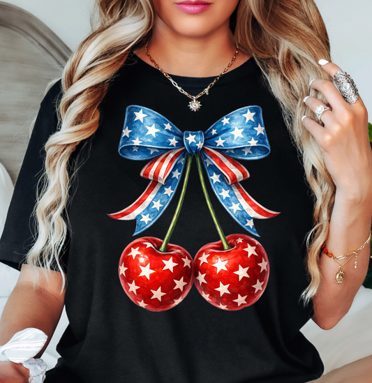 Cherry Cute Bow Tee | Stars and Stripes Collection | Unisex Pre-Shrunk T-Shirt