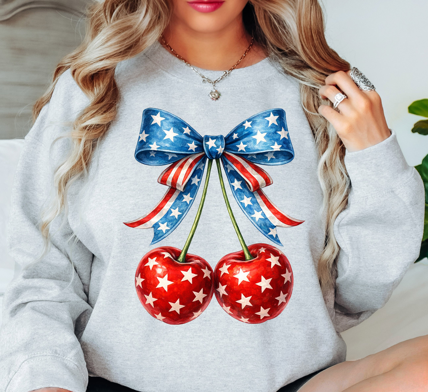 Cherry Cute Bow Sweatshirt | Stars and Stripes Collection | Unique Gifts for Family and Friends