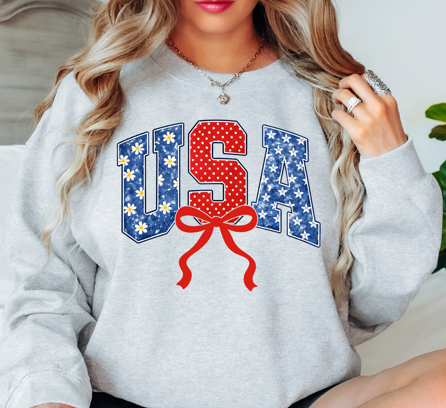 Preppy USA Floral Bow Sweatshirt | Stars and Stripes Collection | Unique Gifts for Family and Friends