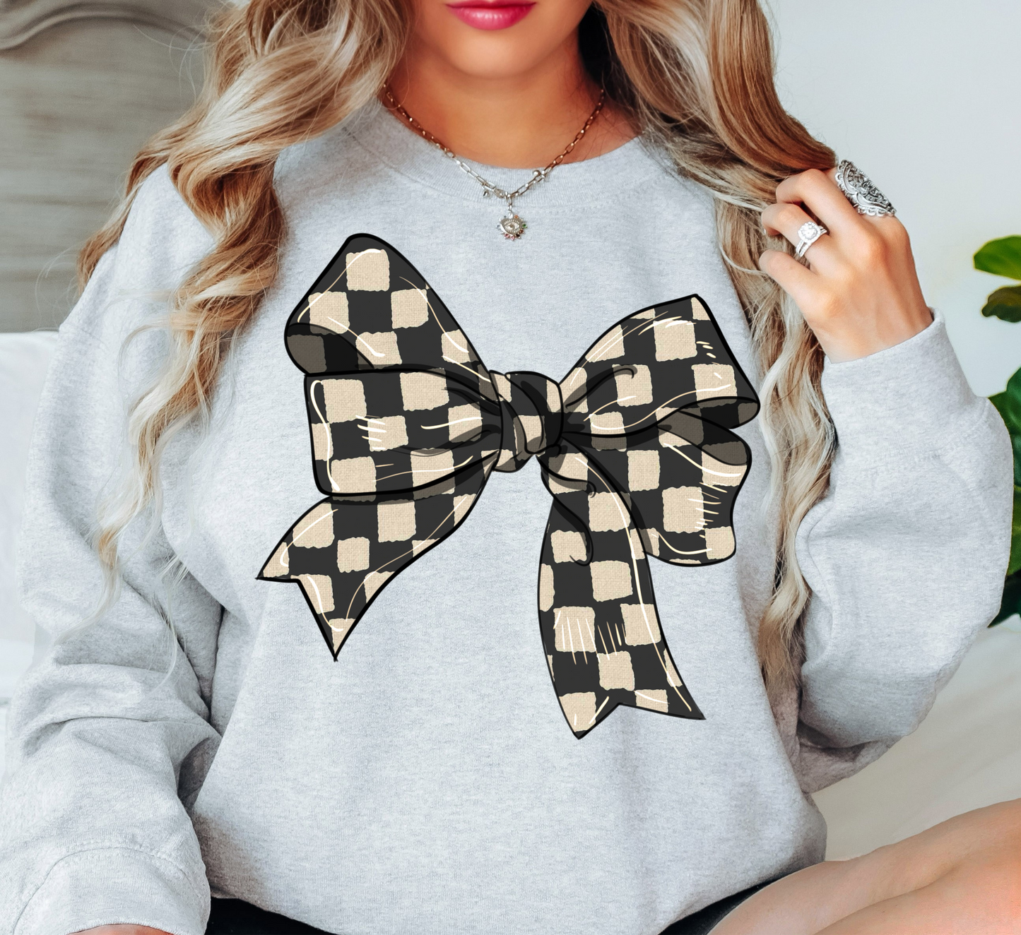 Checkered Bow Sweatshirt | Groovy Vibes Collection | Unique Gifts for Family and Friends