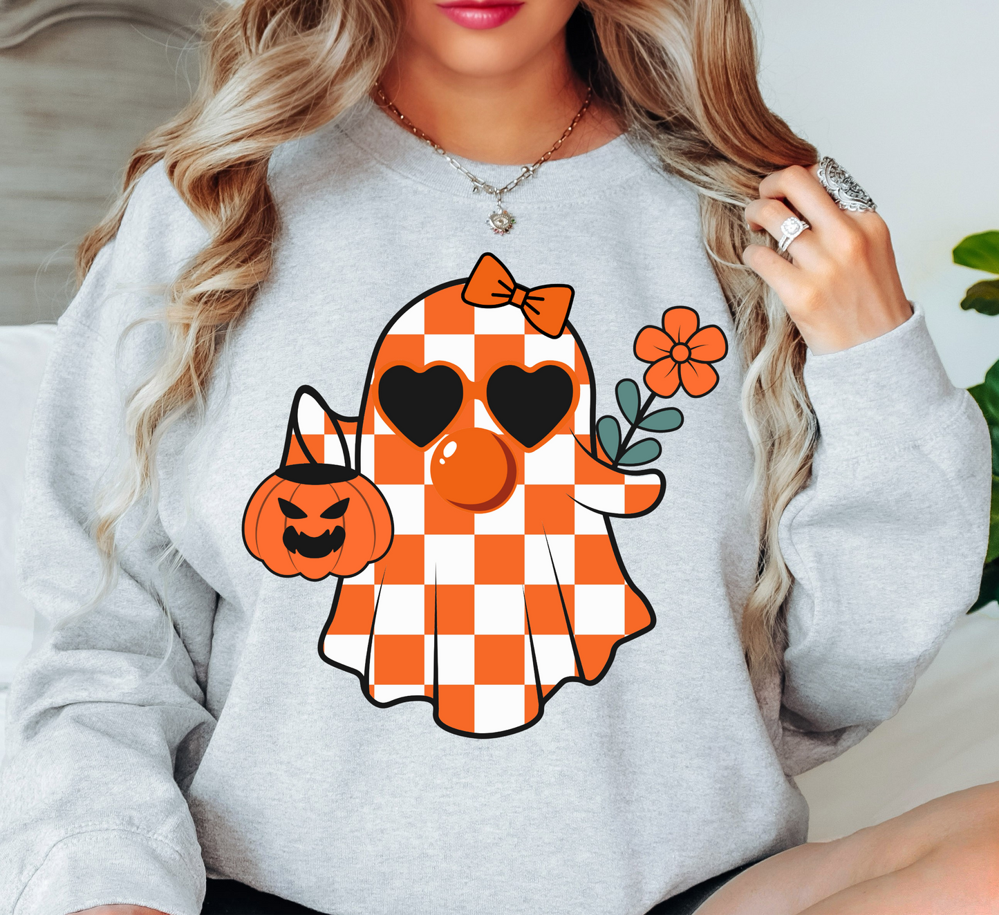 Cutie Checkered Ghost Sweatshirt | Boo-tiful Vibes Collection | Unique Gifts for Family Friends